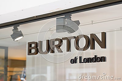 Burton of london sign text store and logo brand shop on facade boutique Editorial Stock Photo