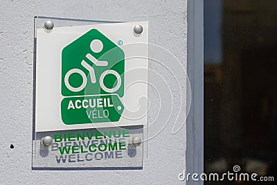 Accueil velo bienvenue means in french bike cycle bikers welcome sign in tourism office Editorial Stock Photo