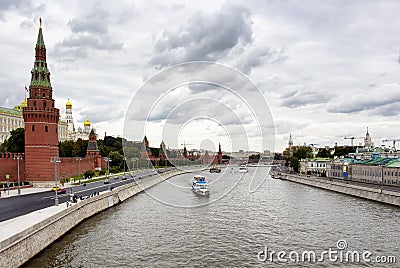 Tour boats / ships are on Moskva river. Stock Photo