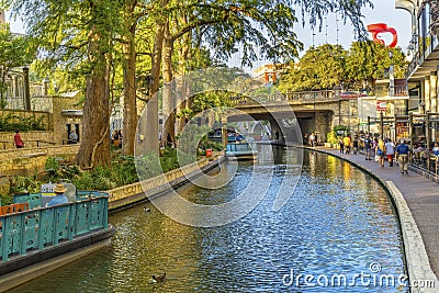 Tour Boats Sidewalks Tourists Reflection River Walk San Antonio Texas Editorial Stock Photo