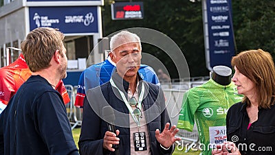 Tour of Britain Cycle race Matt Barbet, Pippa York with guest Andrew Ridgeleyc Editorial Stock Photo