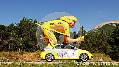 Tour de France 2019 cycling mascotte near Ubaye river in France Editorial Stock Photo