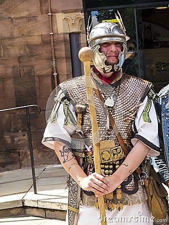 Tour Guide as Roman Soldier in Chester the county city of Cheshire in England Editorial Stock Photo