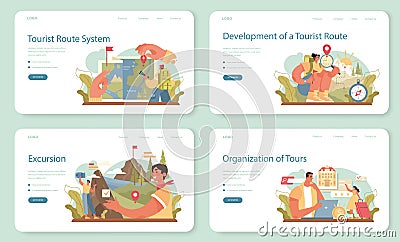 Tour guide web banner or landing page set. Tourist route system development Vector Illustration