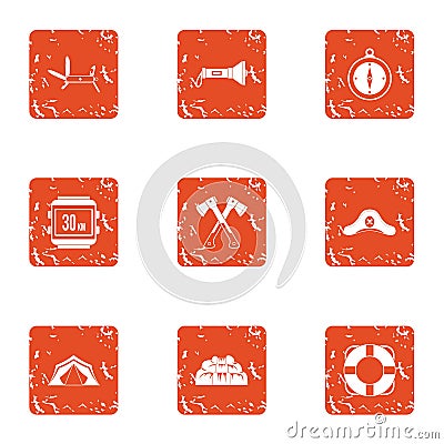 Tour hike icons set, grunge style Vector Illustration