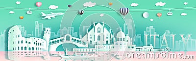 Tour italy famous landmarks Europe downtown by gondola,balloon,plane Cartoon Illustration