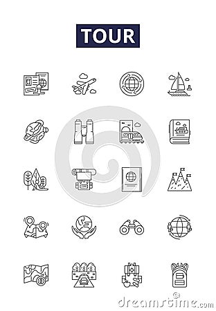 Tour line vector icons and signs. Journey, Expedition, Excursion, Voyage, Travel, Safari, Itinerary, Touring outline Vector Illustration