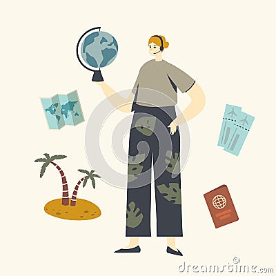 Tour Operator Character, Travel Agency Agent Wearing Headset Holding Globe in Hands Searching for Hot Offer for Clients Vector Illustration