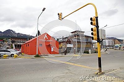Tour operator for package holiday to Antarctica at the entrance of the port of Ushuaia, Argentina Editorial Stock Photo