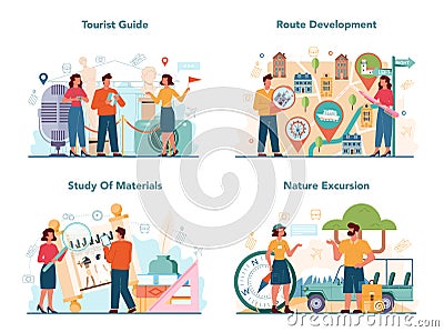 Tour vacation guide concept set. Tourists listening to the history Vector Illustration
