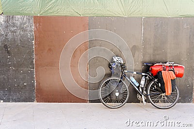 Touring bicycle and panniers Editorial Stock Photo