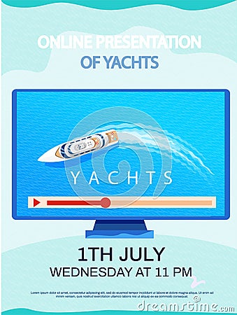 Tourism and boat trips, yacht regatta website with video about sailing ship floating in ocean Vector Illustration