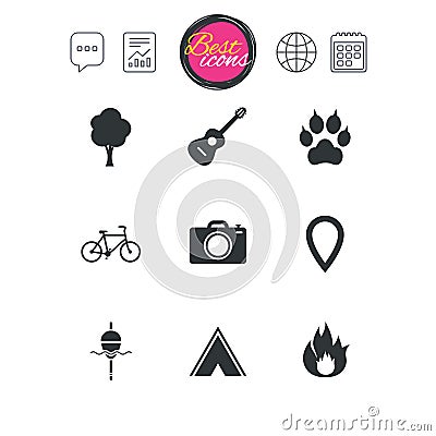 Tourism, camping icons. Fishing, fire and bike. Vector Illustration