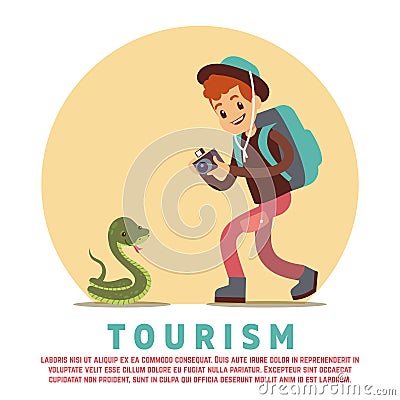 Tourism male tourist and snake Vector Illustration