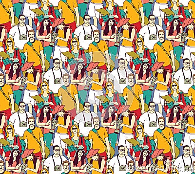 Tourism crowd people color seamless pattern. Vector Illustration
