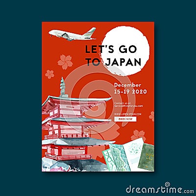 Tourism day Poster design with Asia, Japan, Osaka, castle watercolor illustration Vector Illustration