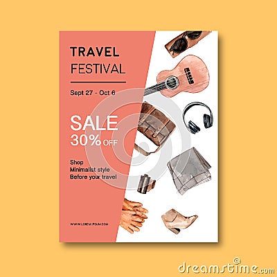 Tourism day Poster design with bag, boots, sunglasses, gloves watercolor illustration Cartoon Illustration