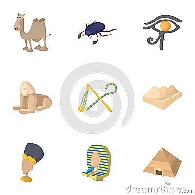 Tourism in Egypt icons set, cartoon style Vector Illustration