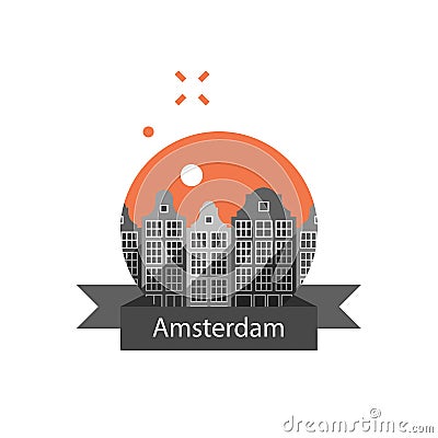 Tourism in Europe, Holland travel destination, Amsterdam row of houses, cityscape, urban architecture, neighborhood skyline Vector Illustration
