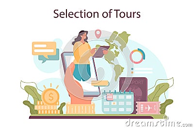 Tourism expert concept. Agent creating and selling personal travel tour. Vector Illustration