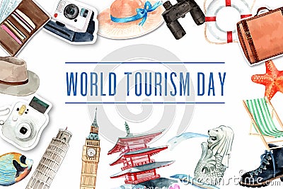 Tourism frame design with landmark of Japan, Singapore, London, Italy watercolor illustration Vector Illustration