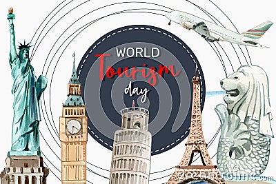 Tourism frame design with landmark of London, Singapore, France, Italy watercolor illustration Vector Illustration