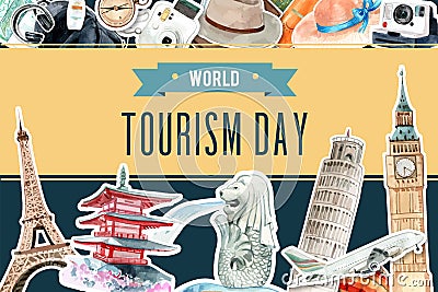 Tourism frame design with landmark of Singapore, Japan, London, France watercolor illustration Vector Illustration