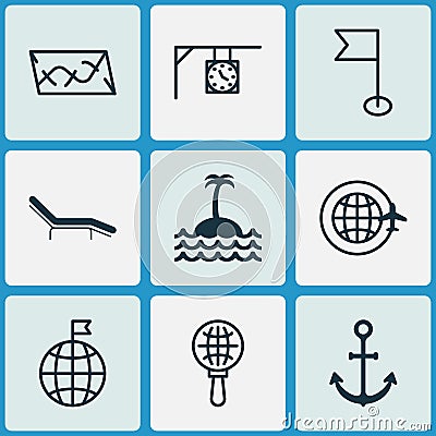 Tourism Icons Set. Collection Of Travel Direction, Ensign, Globe Search And Other Elements. Also Includes Symbols Such Vector Illustration