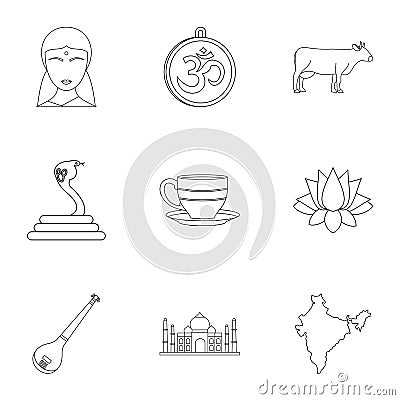 Tourism in India icon set, outline style Vector Illustration