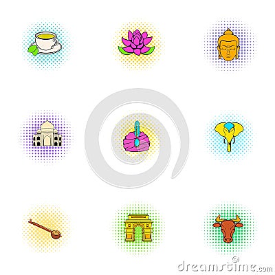 Tourism in India icons set, pop-art style Vector Illustration