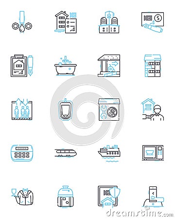 Tourism industry linear icons set. Destination, Adventure, Travel, Hospitality, Experience, Culture, Cuisine line vector Vector Illustration