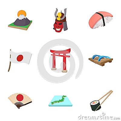 Tourism in Japan icons set, cartoon style Vector Illustration
