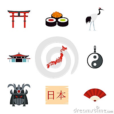 Tourism in Japan icons set, flat style Vector Illustration