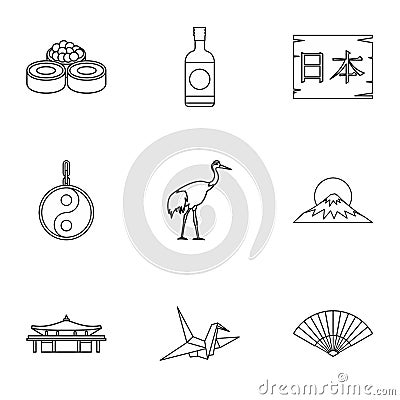 Tourism in Japan icons set, outline style Cartoon Illustration