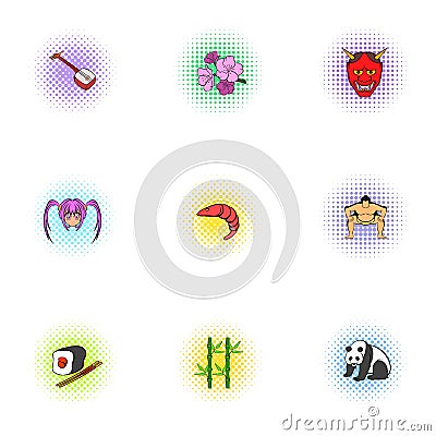 Tourism in Japan icons set, pop-art style Vector Illustration