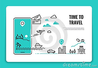 Tourism line concept. Travel destination summer vacation traveling agency hotel website airplane route concept. Tour Vector Illustration
