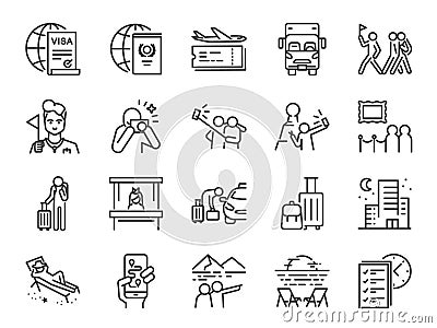 Tourism line icon set. Included icons as tourist, guide, traveler, vacation and more. Vector Illustration