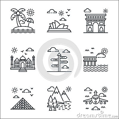 tourism line icons. linear set. quality vector line set such as aeroplane, lake, pyramid, coast, guidepost, taj mahal, arc de Vector Illustration