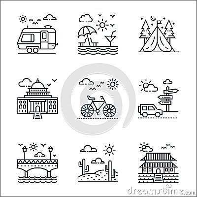 Tourism line icons. linear set. quality vector line set such as chinese temple, desert, bridge, guidepost, cycle, building, tent, Vector Illustration