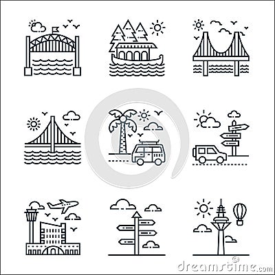 Tourism line icons. linear set. quality vector line set such as hot air balloon, guidepost, airport, guidepost, road trip, bridge Vector Illustration
