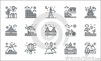 tourism line icons. linear set. quality vector line set such as lake, hot air balloon, cruise ship, castle, hot air balloon, Vector Illustration