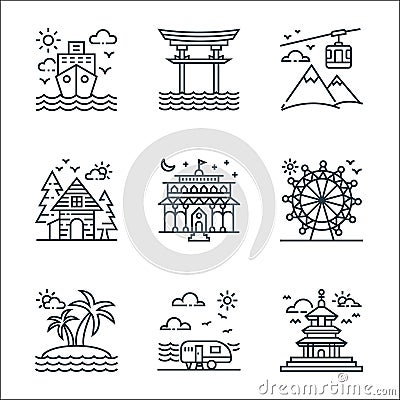 tourism line icons. linear set. quality vector line set such as temple, camper van, island, ferris wheel, vienna, cottage, cable Vector Illustration
