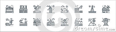 tourism line icons. linear set. quality vector line set such as train, mountains, bridge, guidepost, eiffel tower, island, desert Vector Illustration
