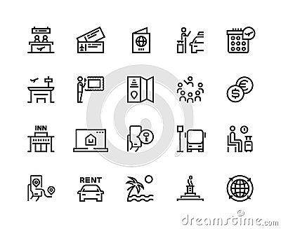 Tourism line icons. Travel holiday resort airplane vacation ticket tourism agency bus car rent transport. Hotel tourism Vector Illustration