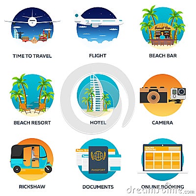 Tourism. Set Travelling illustration. Modern flat design. Travel by airplane, vacation, adventure, trip. Flight, beach bar, beach Cartoon Illustration