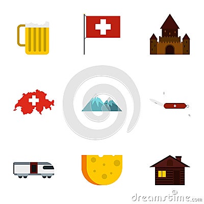 Tourism in Switzerland icons set, flat style Vector Illustration