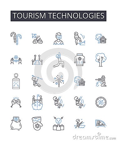 Tourism technologies line icons collection. Mechanics, Gameplay, Immersion, Balancing, Story, Prototype, Iteration Vector Illustration