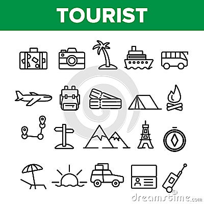 Tourism And Travel Around World Vector Linear Icons Set Vector Illustration