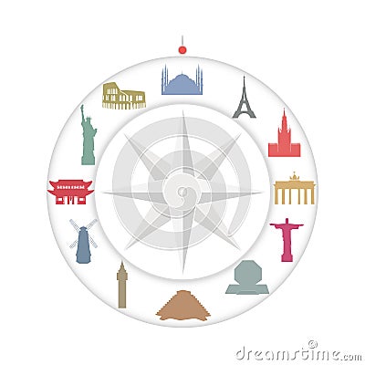 Tourism and travel. Colored vector silhouettes of world architectural landmarks and statues. Vector Illustration