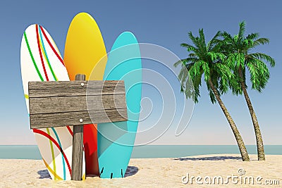 Tourism and Travel Concept. Colorful Summer Surfboards with Blank Wooden Direction Signbard in Tropical Paradise Beach with White Stock Photo